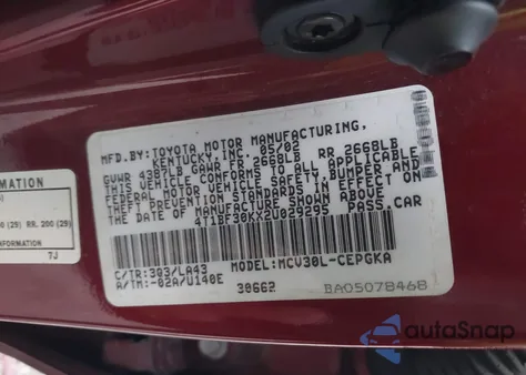 2002 Toyota Camry Xle V6 from USA, damaged, VIN 4T1BF30KX2U029295